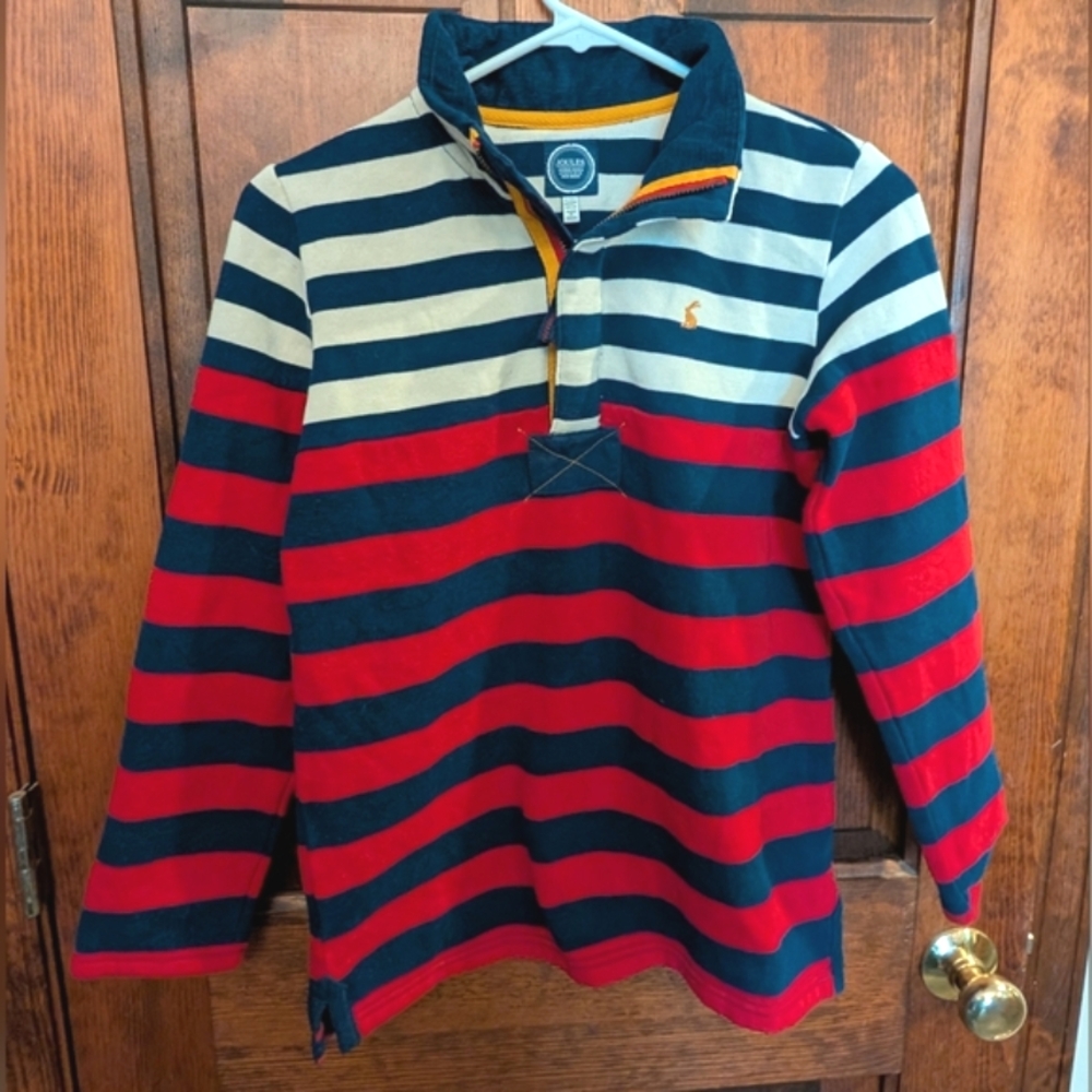 Joules Boys Quarter Zip Rugby Shirt – Size 11/12 – Red, Navy, Cream Stripes
